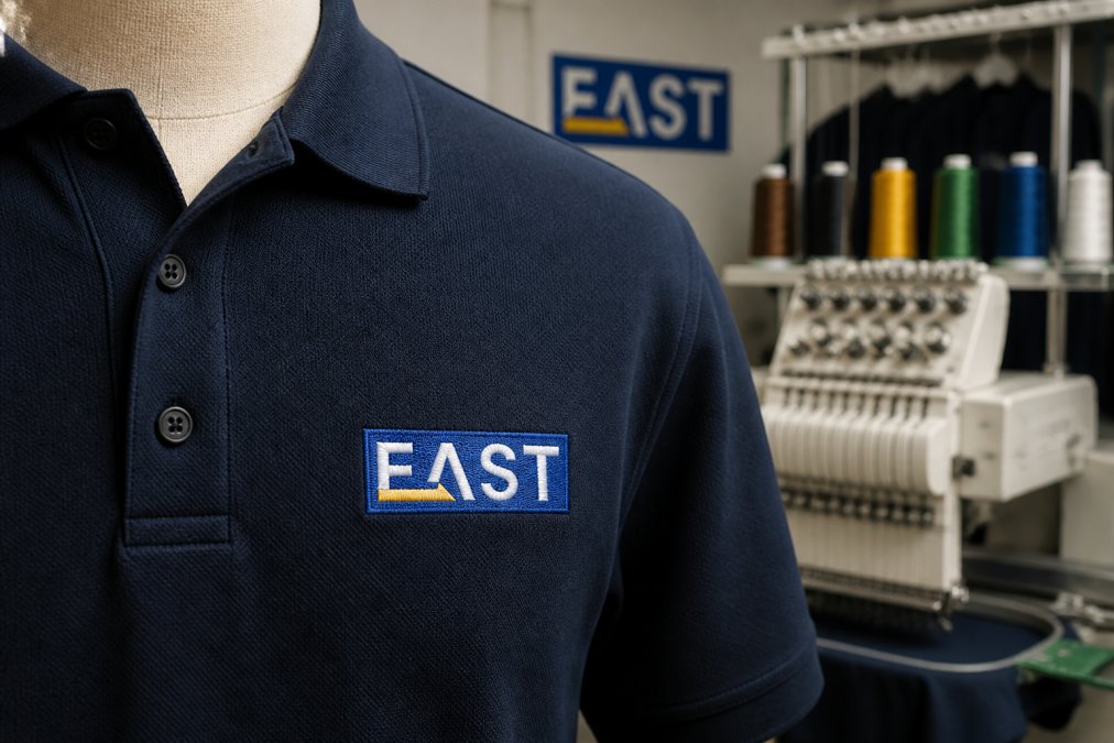 Close-up of an embroidered company logo on the chest of a navy work polo shirt, with a sewing machine and thread spools softly blurred in the background of a bright workshop