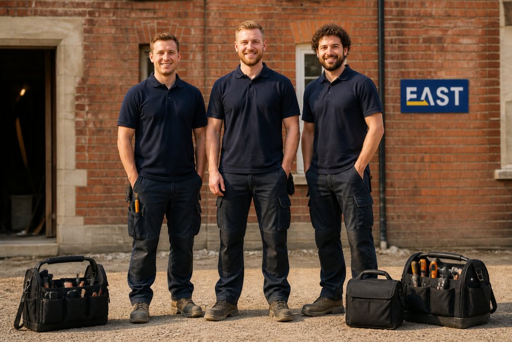 A team of three tradespeople in matching navy branded polo shirts and work trousers standing outside a brick building site in Norfolk, morning light, tool bags at their feet