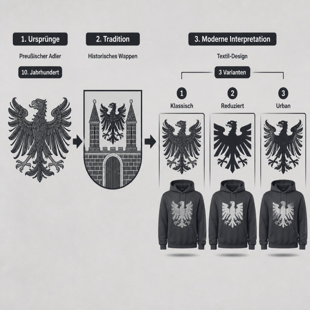 Fotografische Übersicht zur Brandenburg an der Havel Identität mit historischem Preußenadler und modernen Textil-Designs.