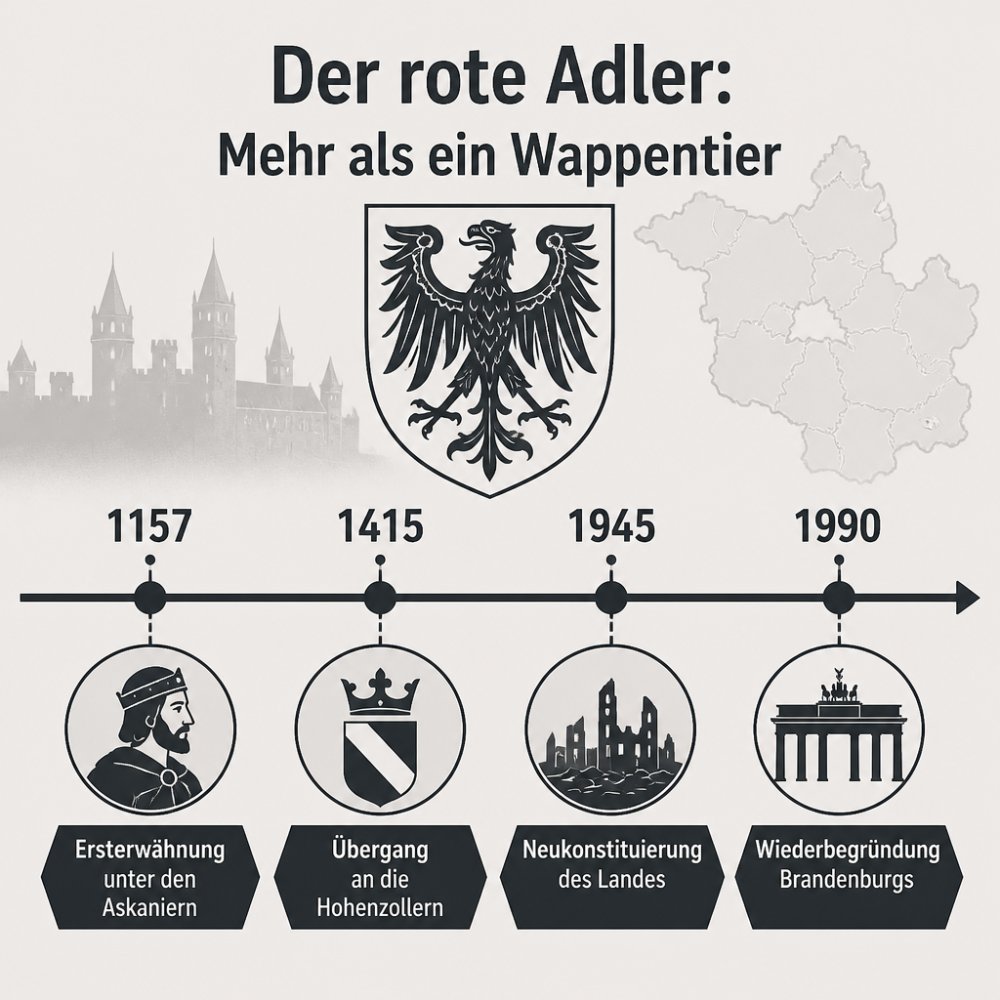 data visualization mit einer Zeitleiste: 1157 Ersterwähnung unter den Askaniern, 1415 Übergang an die Hohenzollern, 1945 Neukonstituierung des Landes, 1990 Wiederbegründung Brandenburgs
