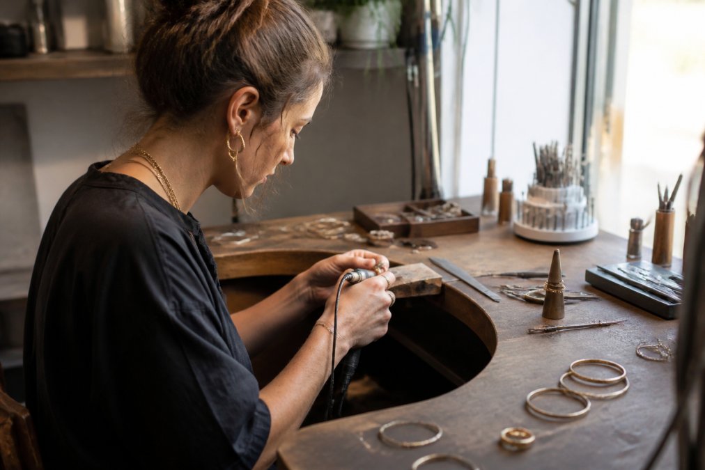 Kunstenaar werkt aan zilveren sieraden op een ambachtelijke werkbank, met precisie-gereedschap en natuurlijk licht dat door het ateliersraam valt, terwijl delicate ontwerpen zichtbaar zijn