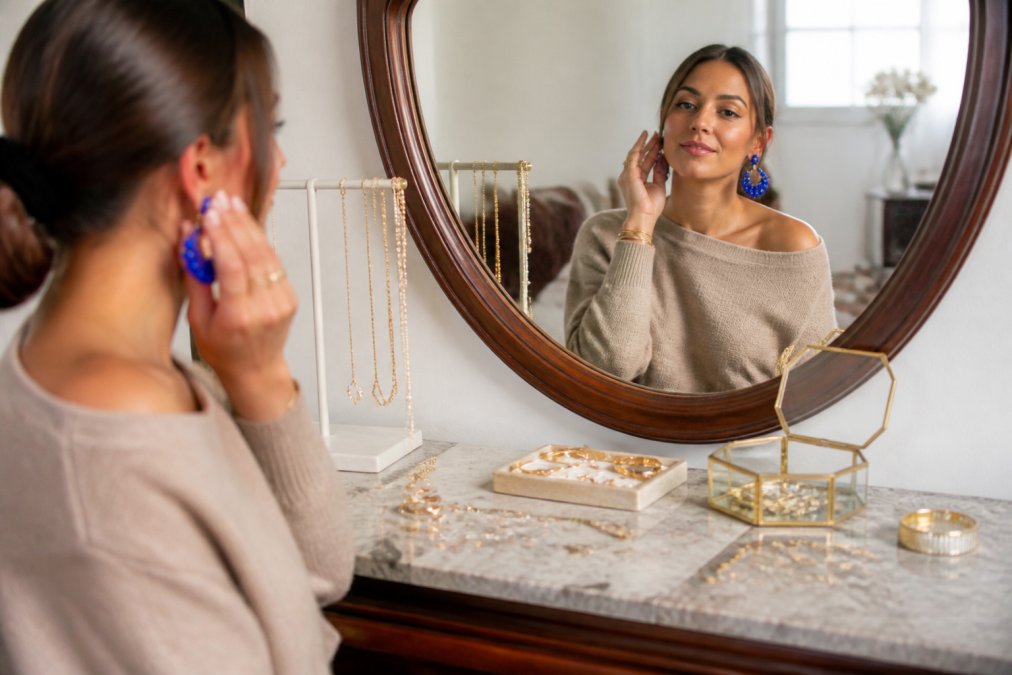 Vrouw bekijkt haar spiegelbeeld terwijl zij verschillende sieradenstijlen uitprobeert, met minimalistische zilveren stuks en opvallende gekleurde statement-oorbellen zichtbaar op een elegante kappertafel