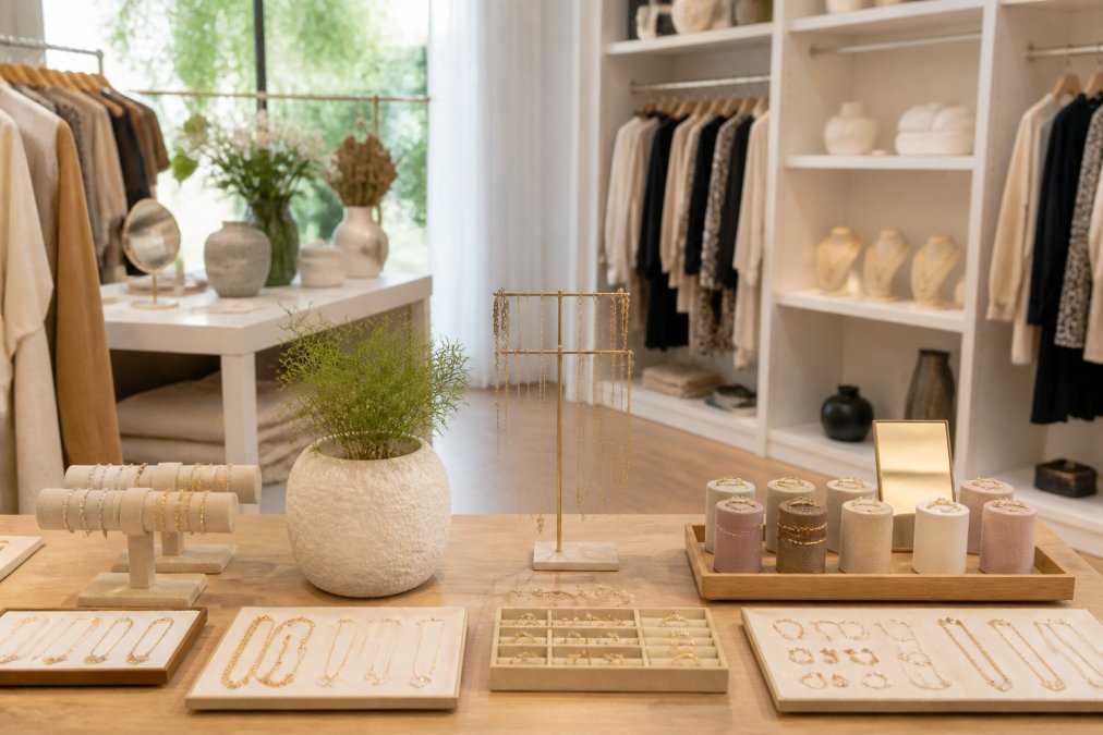 Stylish interior of a modern concept store with carefully curated fashion items, jewelry displays, and home decor arranged on white shelving units and wooden tables, with soft natural lighting from large windows