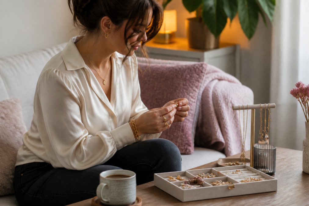 Woman browsing jewelry and accessories on a laptop at home, carefully examining product details with warm lighting in the background and a cup of coffee nearby