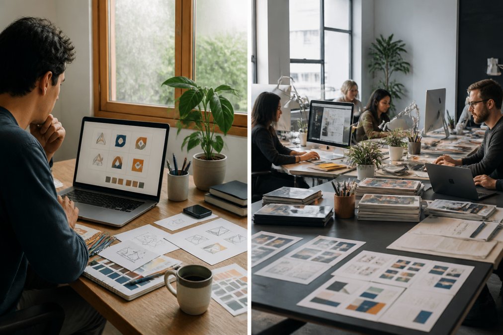 Startup founder reviewing brand design mockups on a laptop screen, with sketches and colour swatches spread across a wooden desk in natural window light