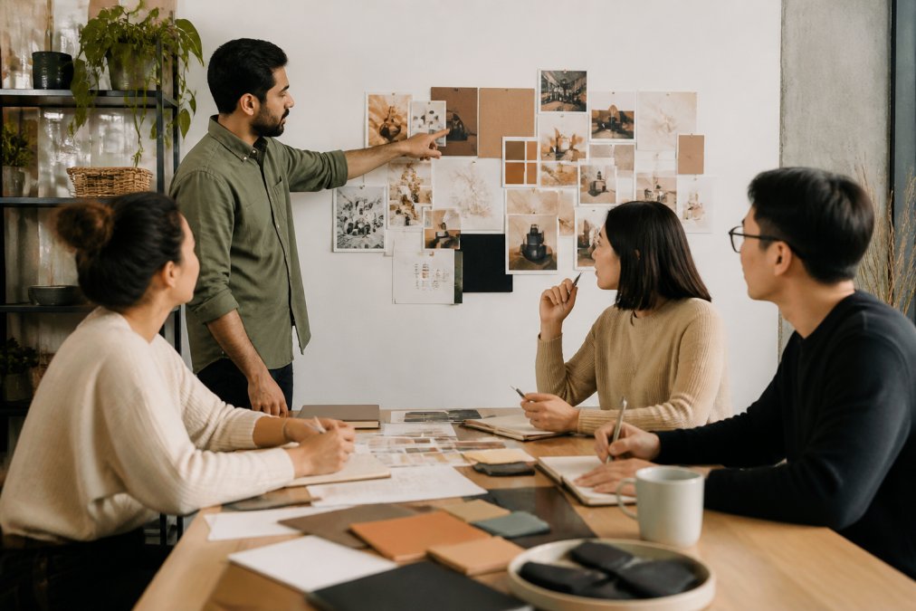 Small startup team collaborating on brand strategy, with one person pointing at a mood board on the wall while others take notes and review designs on a laptop