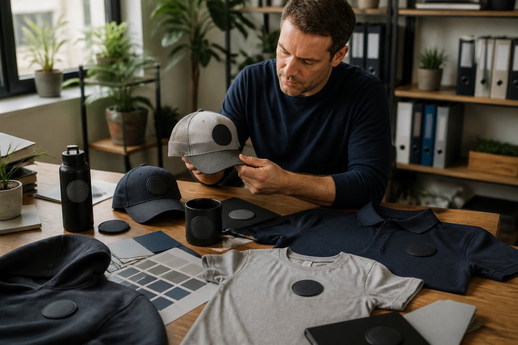 Small business owner reviewing branded merchandise and color consistency for effective branding tips for small businesses