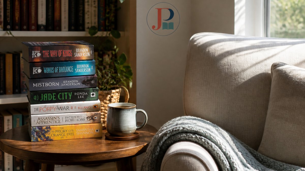 A cozy reading nook with a stack of epic fantasy paperbacks on a side table, a warm mug beside them, and soft natural light falling across a linen armchair