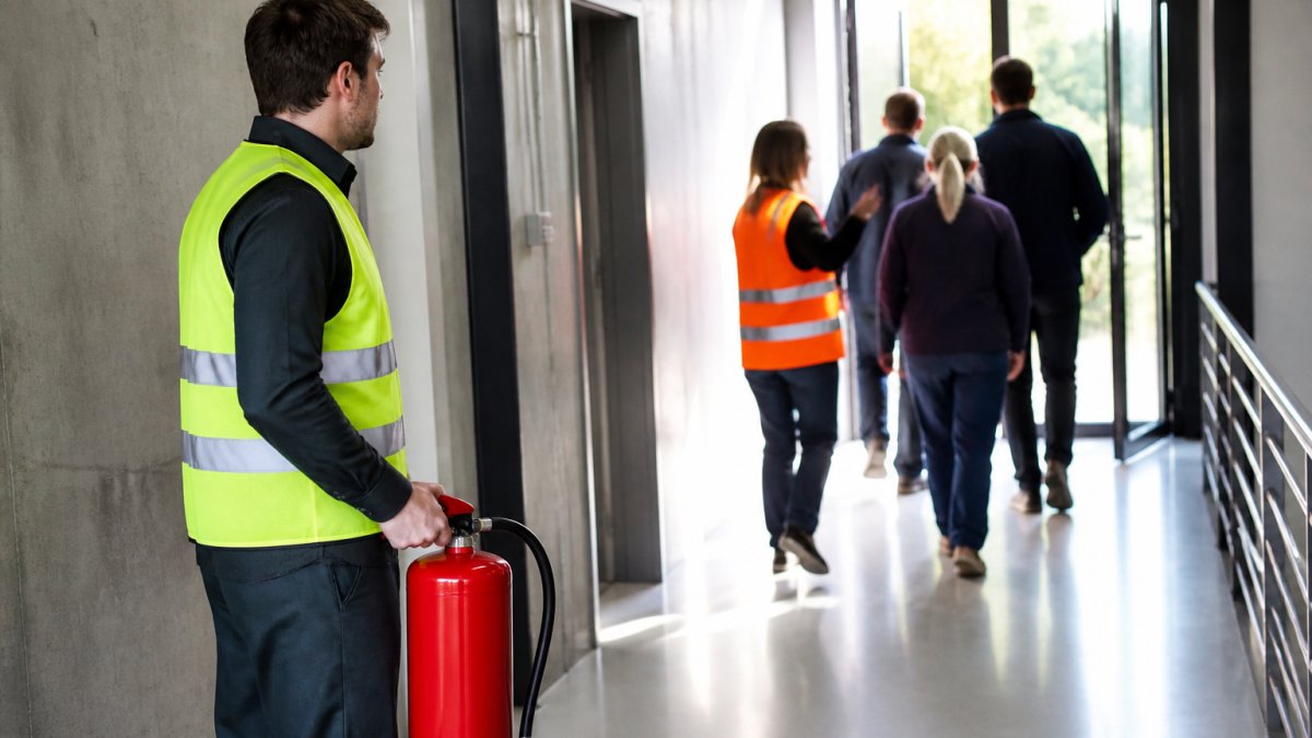 Betriebliches Notfallszenario mit Mitarbeiter, der einen Feuerlöscher hält und bereit steht, während andere Mitarbeiter geordnet in Richtung Notausgang gehen; klare Rollen, professionelle Arbeitskleidung, natürliche Beleuchtung
