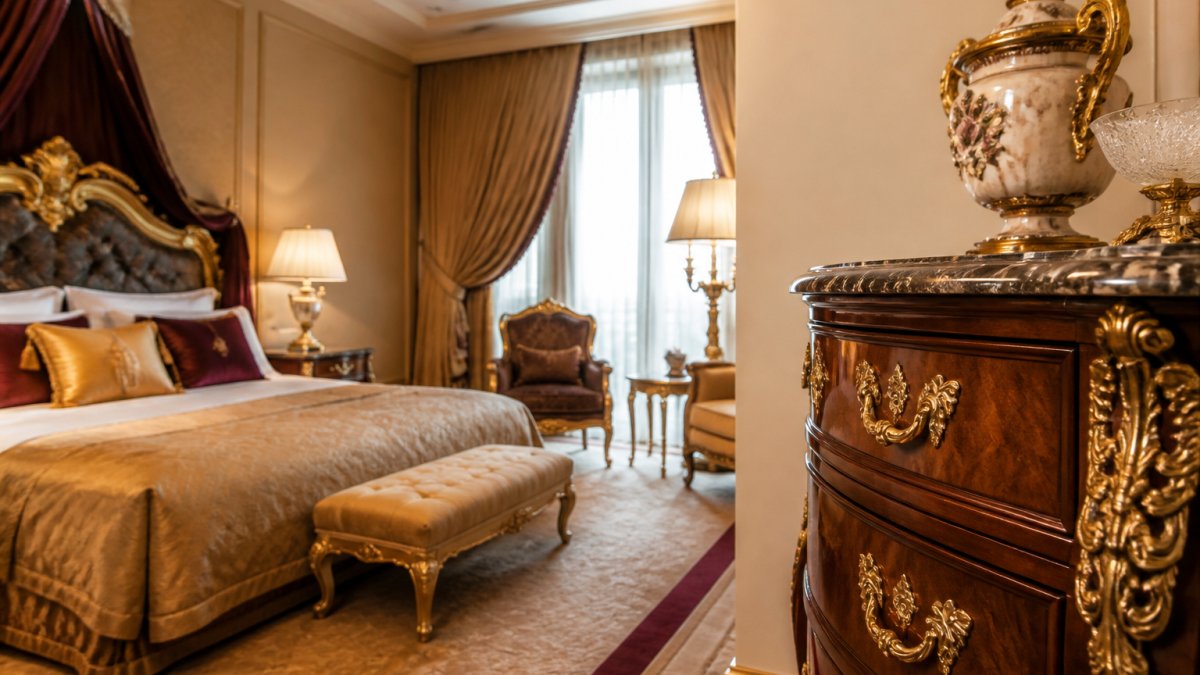 Elegantes Hotelzimmer mit luxuriösen Möbeln in klassischem Barock-Stil, hochwertige Polstermöbel und Vorhänge in warmen Farbtönen, Detailansicht einer edlen Mahagoni-Kommode mit Marmor-Platte und goldenen Beschlägen