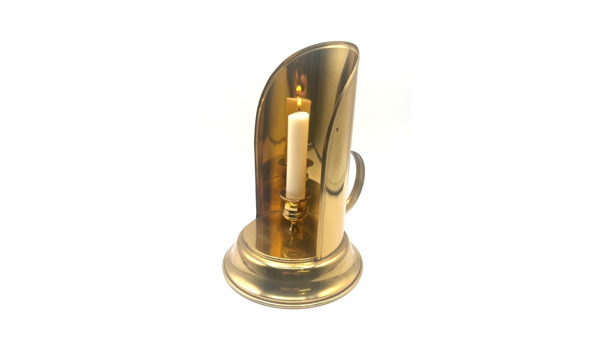 Brass Chamberstick Candle Holder With Reflector Shield & Handle - Vintage Design