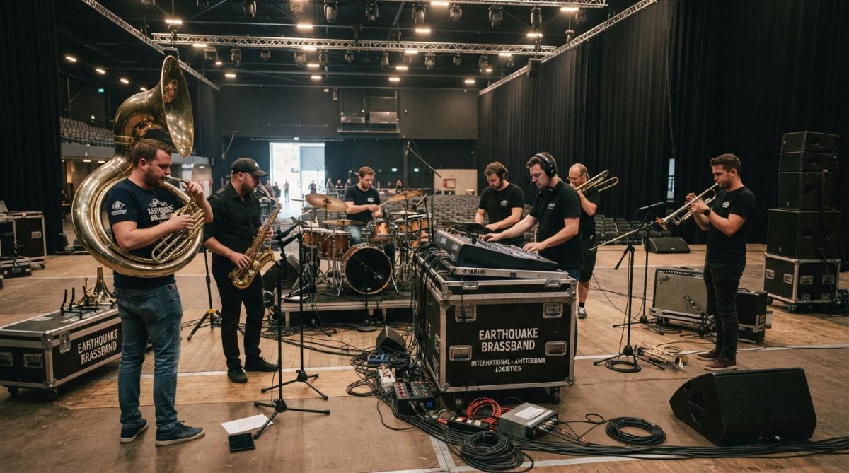 Professionele setup van muziekequipment en versterkers op een locatie, met bandleden die instrumenten controleren en geluidstests uitvoeren voor een internationaal evenement
