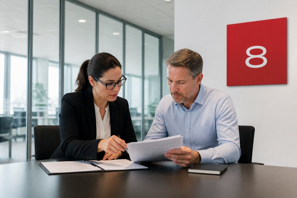 Two compliance professionals reviewing export control documents on a secure digital display in a modern, brightly lit office with glass partitions