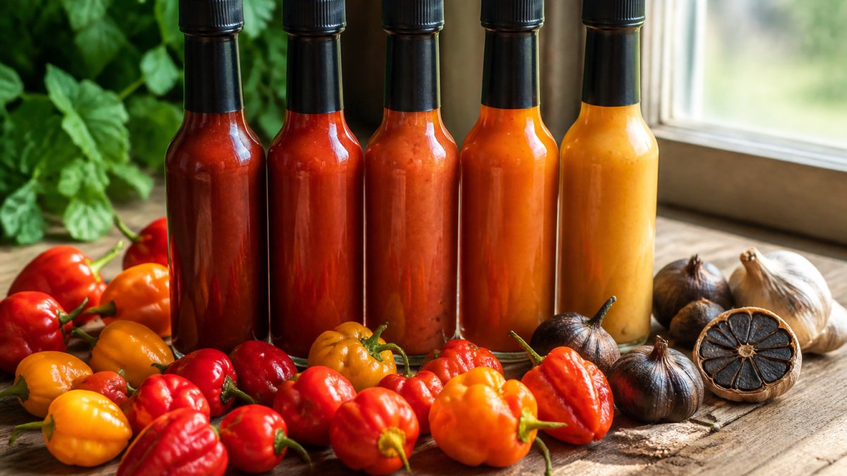 Close-up of hot sauce bottles with visible color variations ranging from deep red to amber, surrounded by fresh ghost peppers, habaneros, and black garlic on a rustic wooden surface with natural morning light