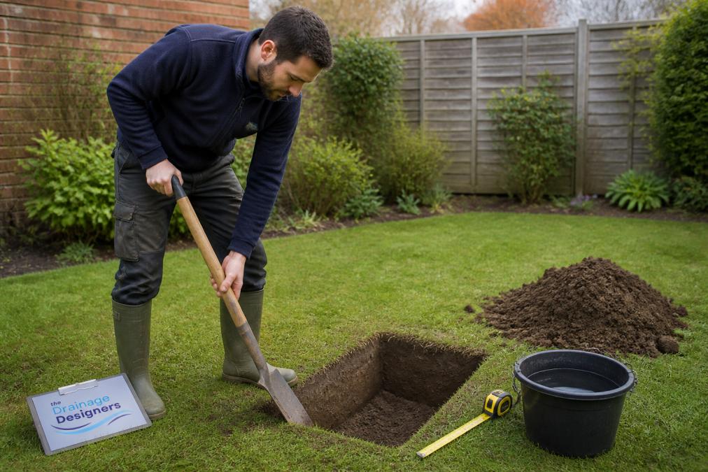 A homeowner in work clothes and wellington boots using a spade to dig a rectangular trial pit in a garden, with a measuring tape and a bucket of water nearby on the grass