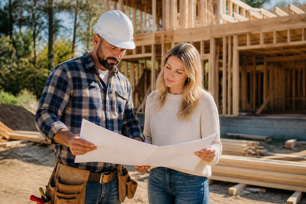 A construction manager in a hard hat reviewing blueprints with a homeowner at a residential job site, with a partially framed house in the background under bright afternoon light