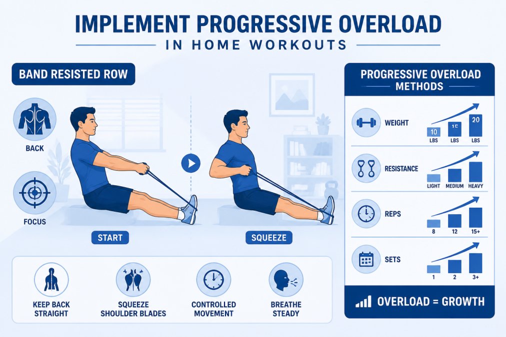 Person performing a controlled dumbbell exercise at home with proper form, showing muscle engagement and focus