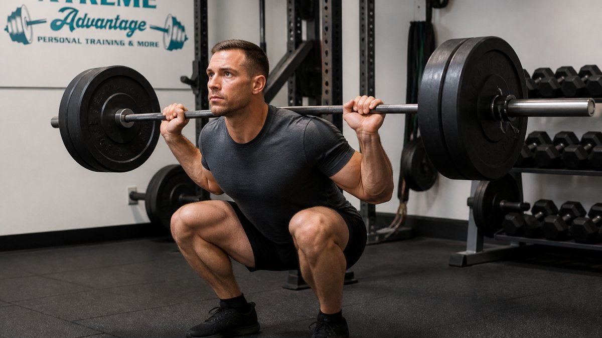 Infographic illustrating the progressive overload process to overcome a fitness plateau during barbell squats
