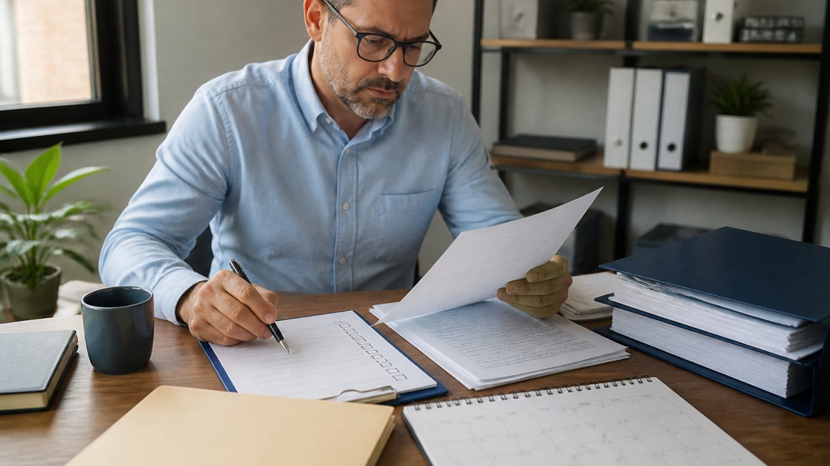 Business owner sitting at desk reviewing commercial lease documents and a checklist, with calendar, pen, and folders visible, preparing to serve break notice