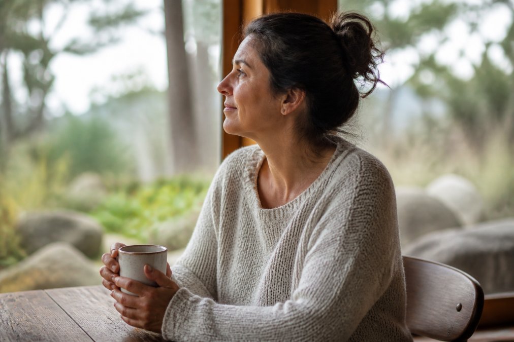 A woman practicing mindfulness with tea to help restrict binge cycle and support nervous system regulation.