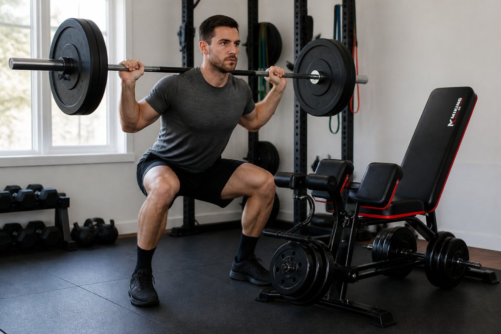 Athlete performing a barbell back squat with controlled descent in a home gym, demonstrating proper form with focused intensity and muscular engagement