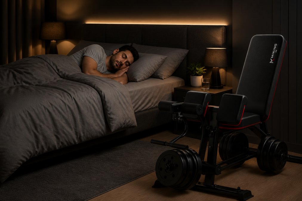 Person resting peacefully on a bed in a dark, quiet bedroom with soft ambient lighting, showing proper sleep environment for recovery