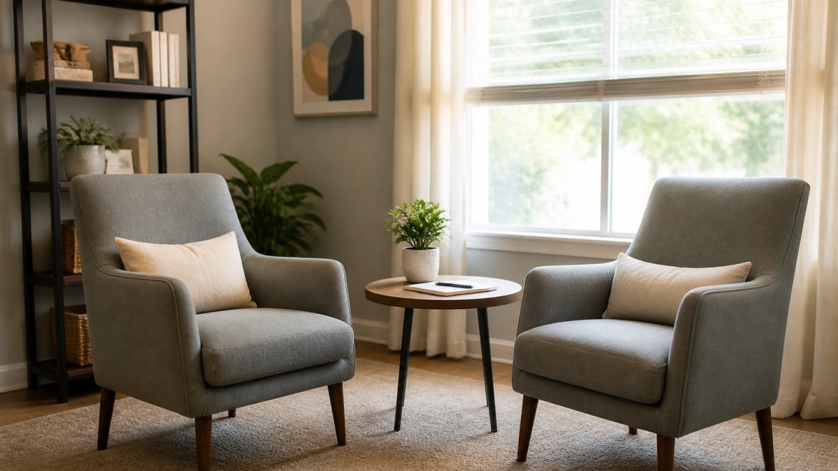 A calm, well-lit consultation room with two chairs facing each other, a small table holding a notepad, and soft natural light through a window