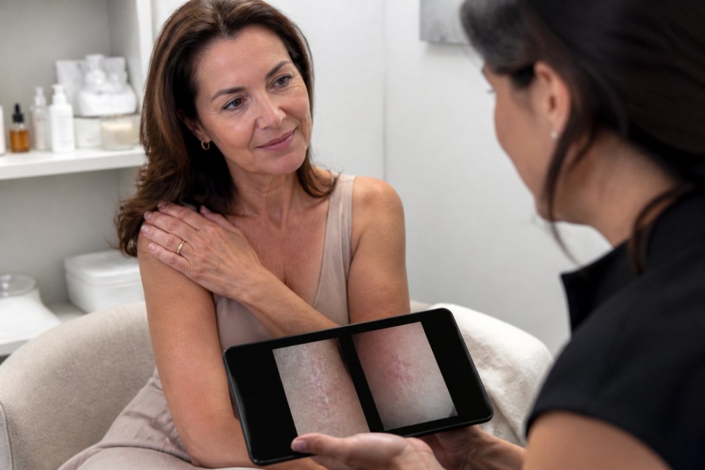 A woman in her fifties sitting comfortably in a soft-lit consultation room, gently touching her shoulder while looking at a tablet displaying close-up skin images, with a calm and reassuring expression