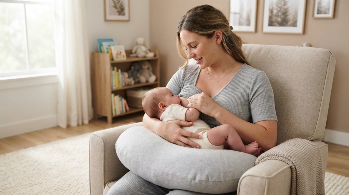 A mother sitting comfortably in a nursery chair, nursing her baby in a supported cradle hold with a V-shaped pillow across her lap, soft natural light from a nearby window, calm and warm home setting