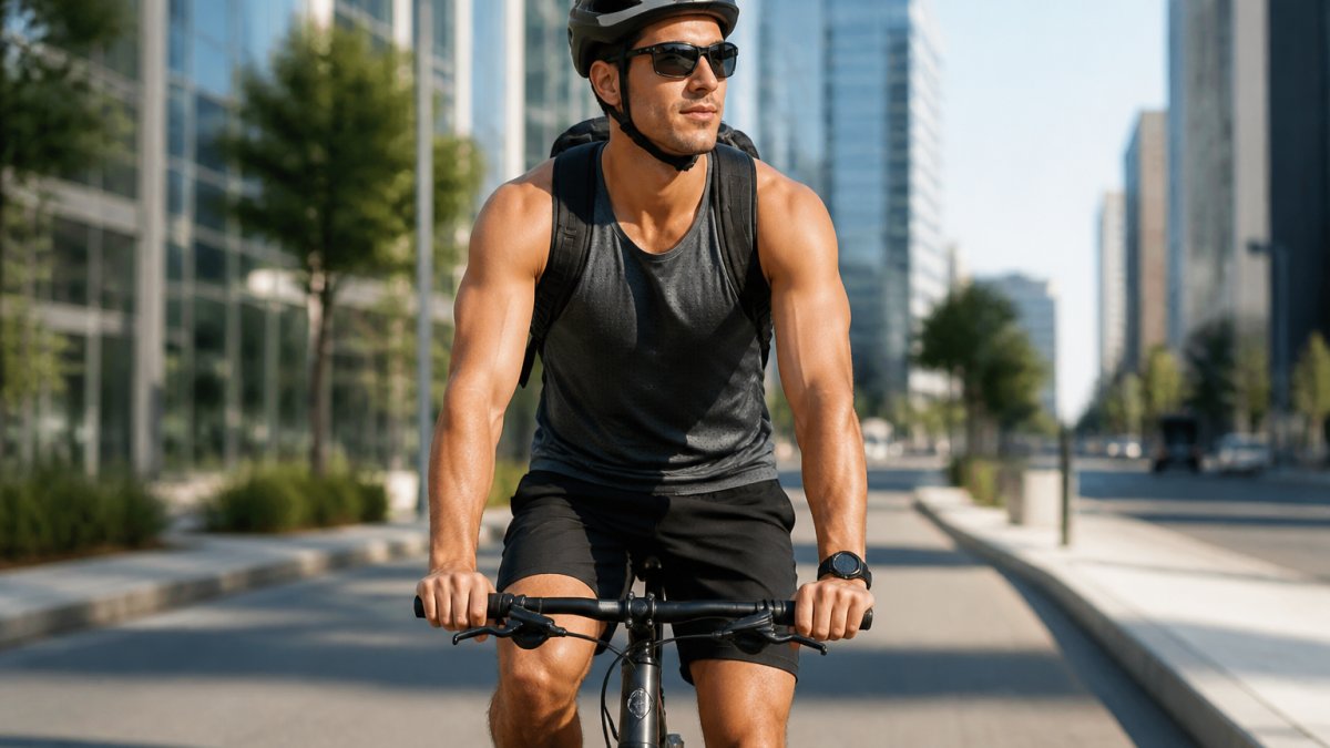 Urban commuter wearing breathable athletic wear for hot weather commuting while cycling on a sunny city street.