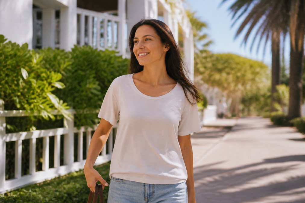 Woman wearing a comfortable breathable bamboo top outdoors on a warm sunny day, looking relaxed and confident while moving naturally through sunlit surroundings