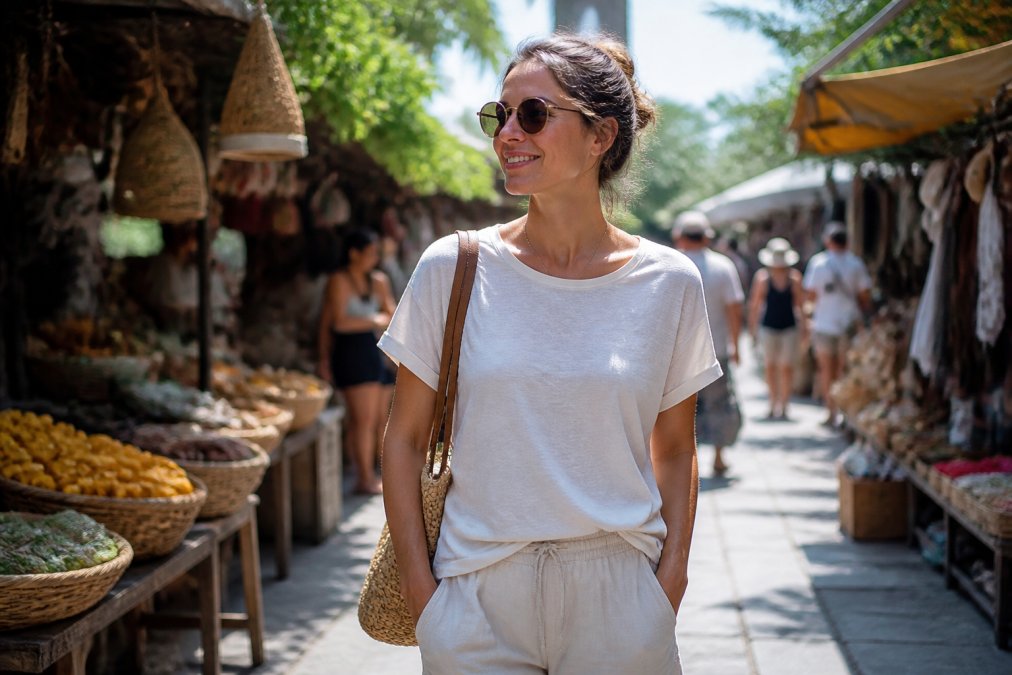 Woman wearing a lightweight, breathable linen tee while walking through a bright outdoor market in warm sunlight, looking comfortable and relaxed
