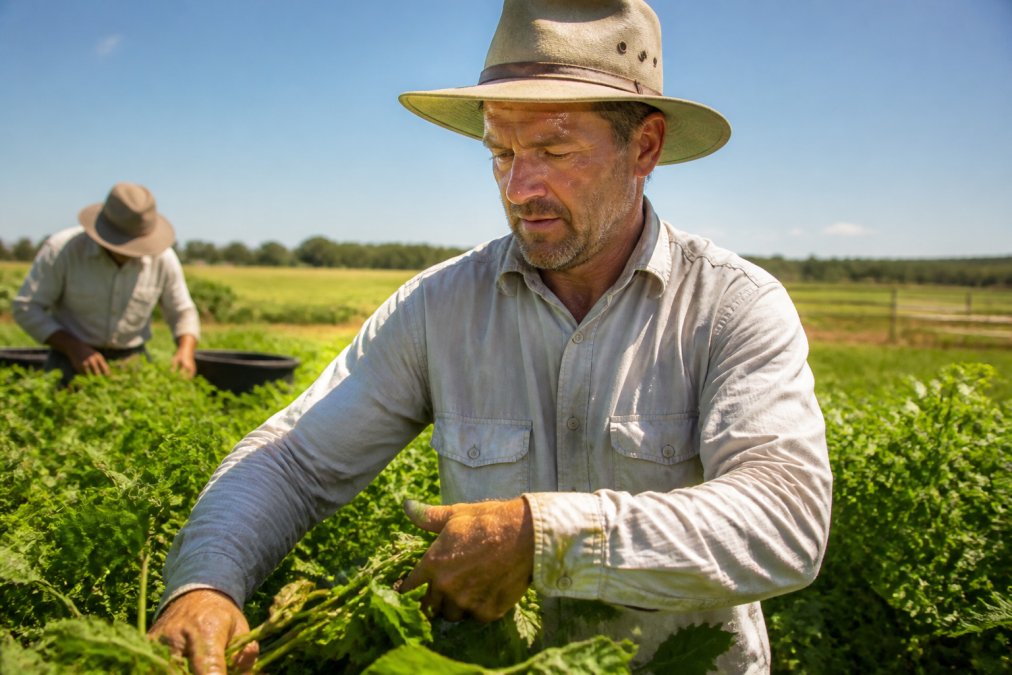 Farmer wearing breathable clothing and a sun hat working in a field under a bright summer sun.