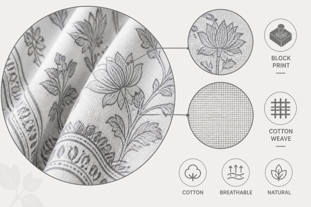Close-up of hand block-printed cotton dress fabric with natural texture visible, showing the weave and print detail