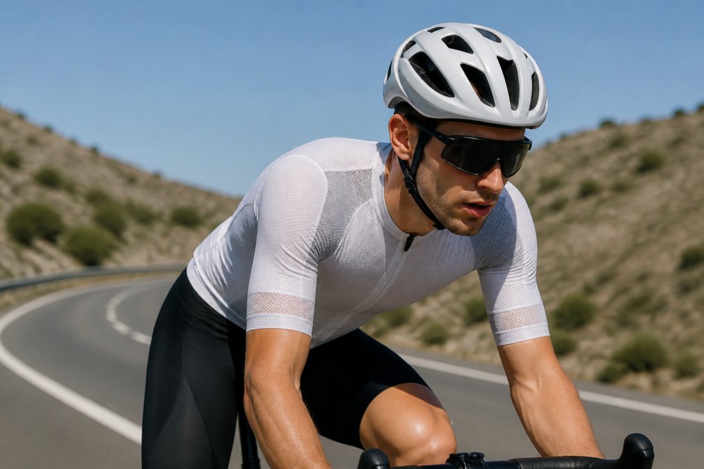 Infographic showing airflow patterns and fit zones for breathable cycling apparel during warm weather rides.