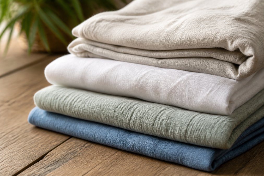 Close-up of folded breathable clothing in natural light, showing texture and weave of linen, cotton, and lightweight fabrics stacked together on a wooden surface