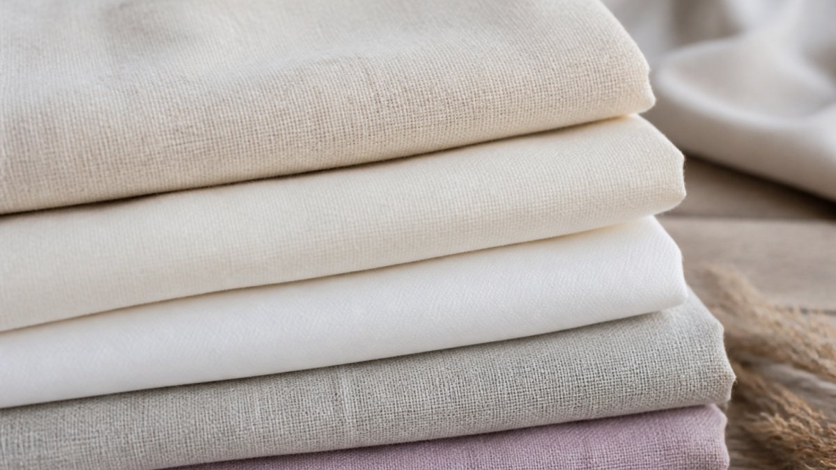 Close-up of folded fabric swatches in various natural materials like cotton, linen, and rayon, showing texture and weave differences in natural daylight