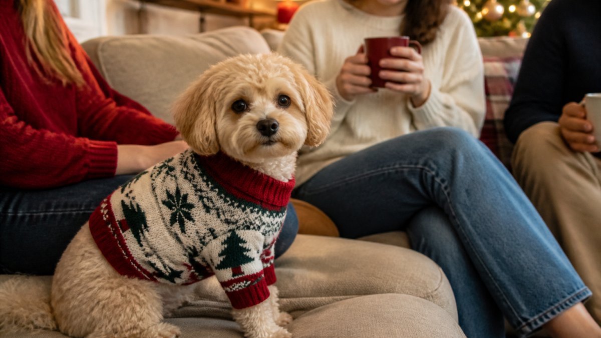 Small dog wearing a soft cotton holiday sweater sitting comfortably on a couch during a family gathering