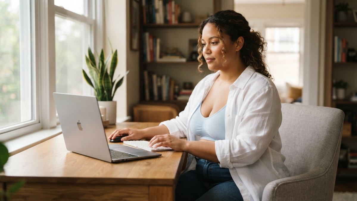 Plus-size woman in a wireless bra and blouse working comfortably at a bright home office desk