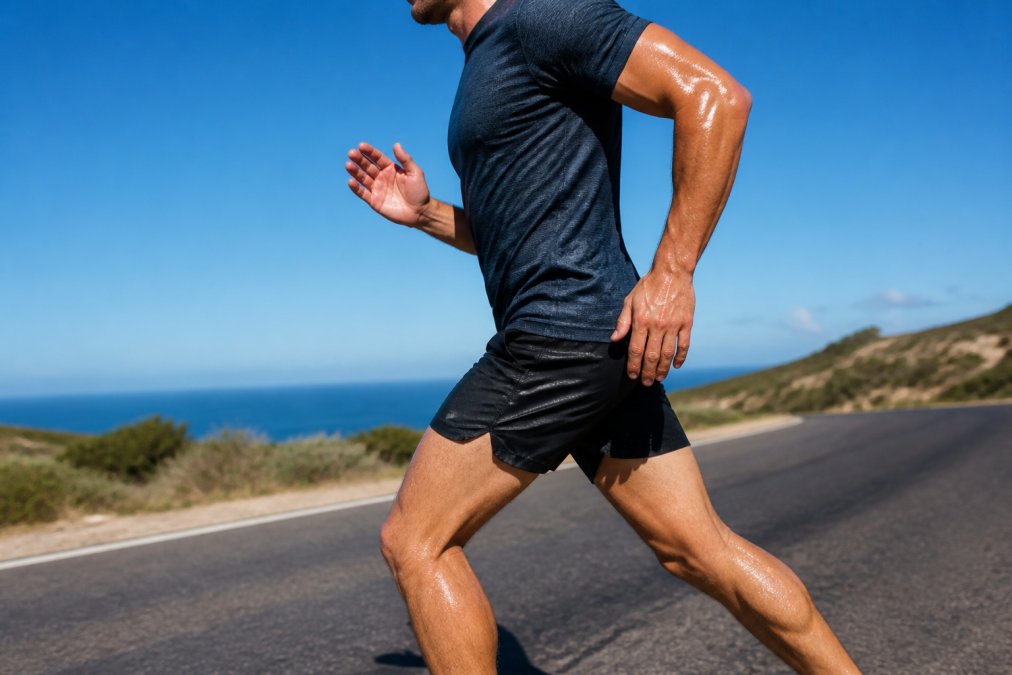 A runner in athletic shorts mid-stride outdoors on a bright summer day, visible sweat on arms and legs, sunlight catching the fabric as it moves