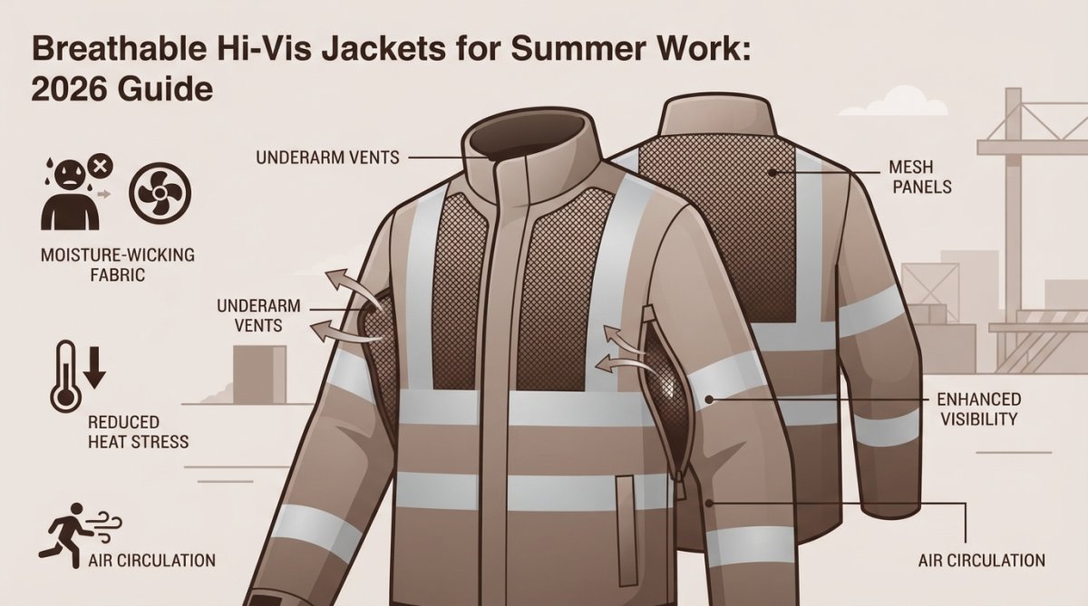 Close-up of hi-vis jacket showing mesh ventilation panels on underarms and side seams with reflective tape placement visible on the sleeve, worn by a worker on a construction site in bright sunlight
