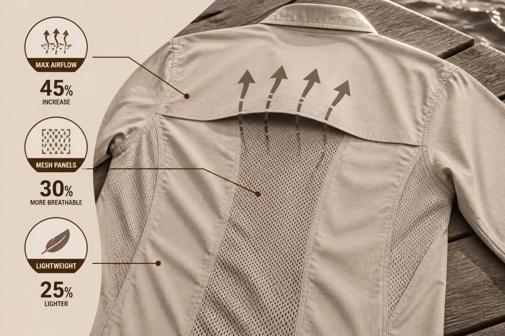 Close-up of the back of a performance fishing shirt showing mesh vented panels and lightweight breathable fabric texture laid flat on a wooden dock surface near water, with sunlight catching the texture of the panels