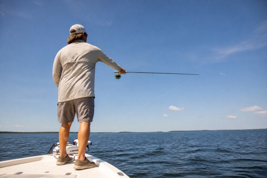 A fisherman in a light-colored long sleeve performance shirt standing at the bow of a boat in bright midday sunlight, casting a fishing line over open water with a blue sky behind him