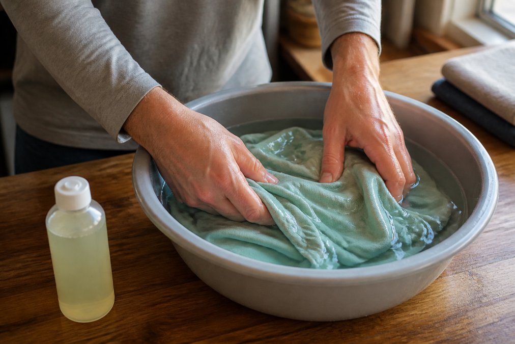 Close-up of a pair of hands gently hand-washing a lightweight long sleeve sun shirt in a basin of cool water, with a small bottle of mild detergent resting on a wooden surface nearby in warm indoor lighting