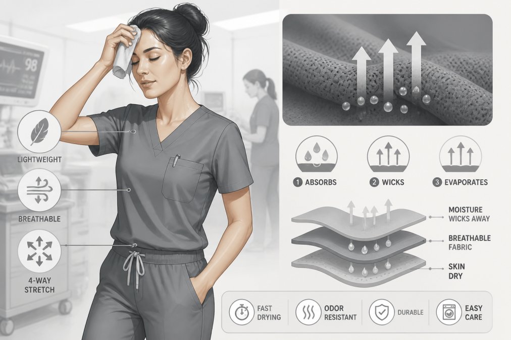 Close-up of a nurse wearing breathable scrubs in a busy hospital setting, wiping sweat from forehead during a clinical shift, showing fabric texture and modern fit