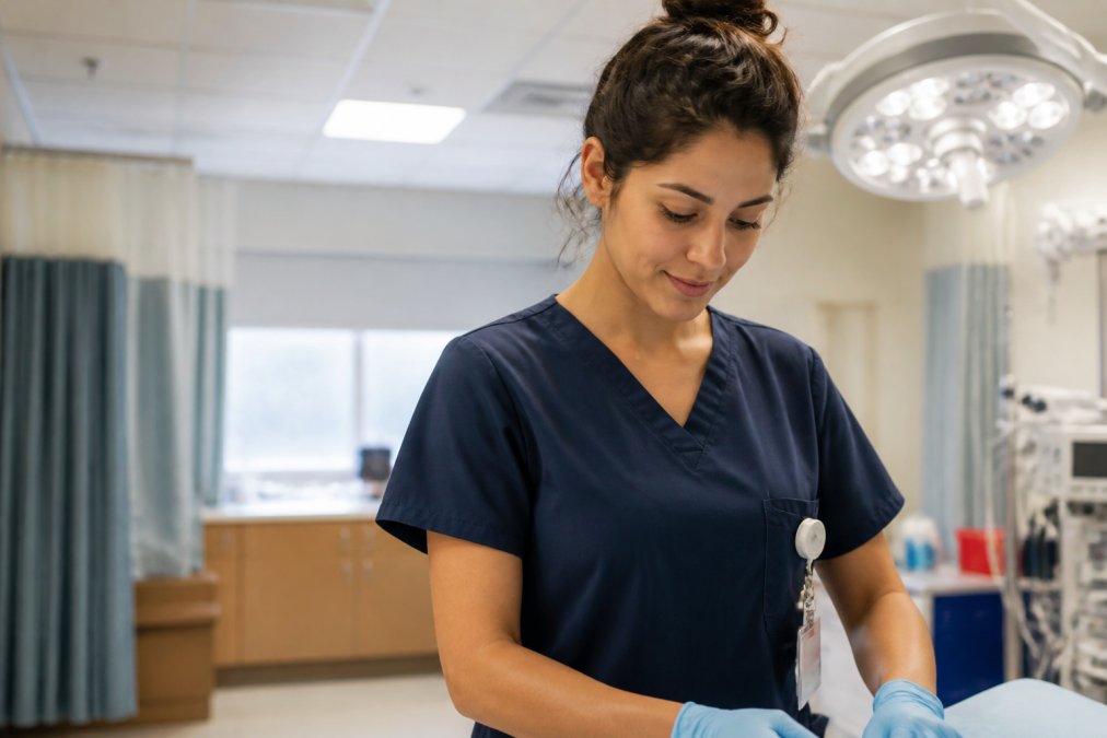 Healthcare professional wearing modern-fit breathable scrubs in a warm hospital environment, demonstrating comfort and mobility during clinical work with natural hospital lighting