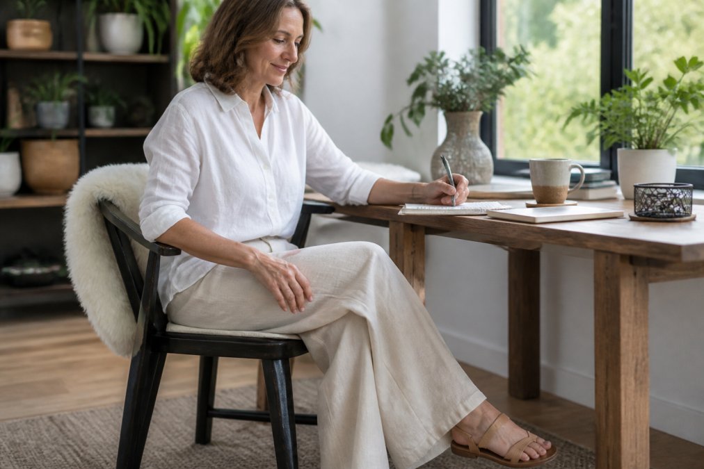 A mature woman in lightweight wide-leg linen pants and a simple white linen top seated at a bright home office desk near a large window, green houseplants visible in the background, soft natural light falling across the room