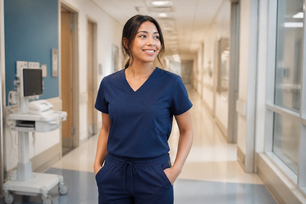 A healthcare professional in navy blue scrubs standing in a bright, modern hospital corridor, looking comfortable and relaxed during a shift