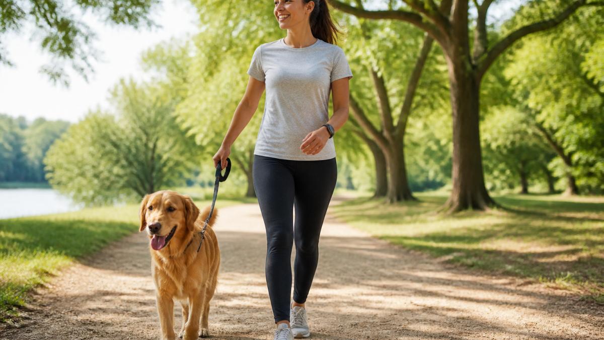 A woman in a soft graphic tee walking a dog on a sunny park trail, mid-stride, relaxed and comfortable