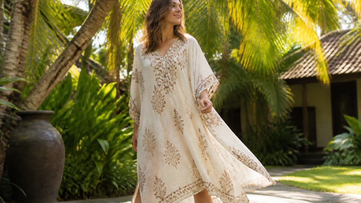 Woman wearing a flowing 100% cotton kaftan in cream with hand block-printed design, standing in a tropical resort garden with natural sunlight filtering through palm fronds, fabric gently moving in warm breeze